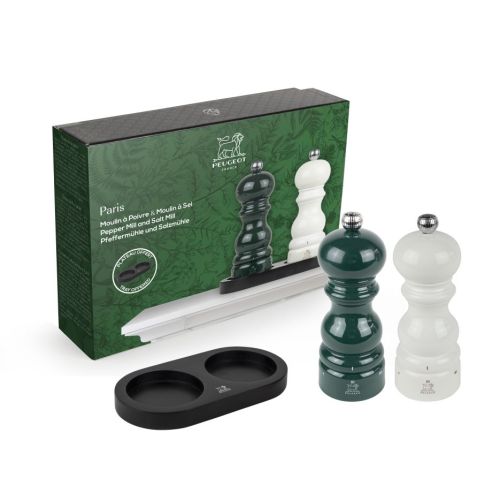 DUO MOULINS PEUGEOT VERT FORET ET IVOIRE AVEC PLATEAU EN BAMBOO 15 CM